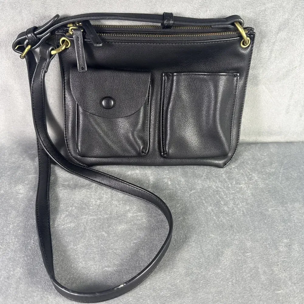 ANTHROPOLOGIE Vegan Black Leather Double Crossbody Bag